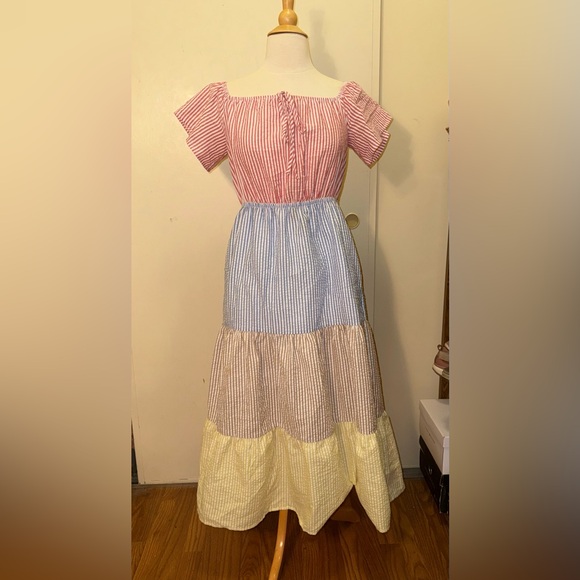 Urban outfitters color block Striped red Blue yelllow tiered midi Dress xs - Picture 2 of 3